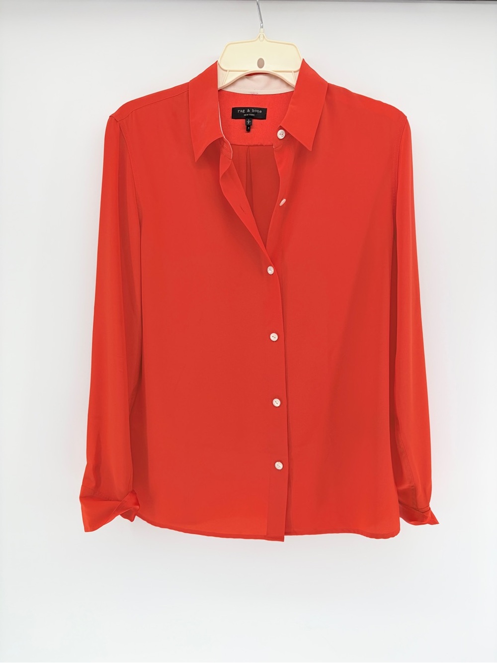 Rag & Bone Bright Orange 100% Silk Button Up Long Sleeve Blouse Small  *read